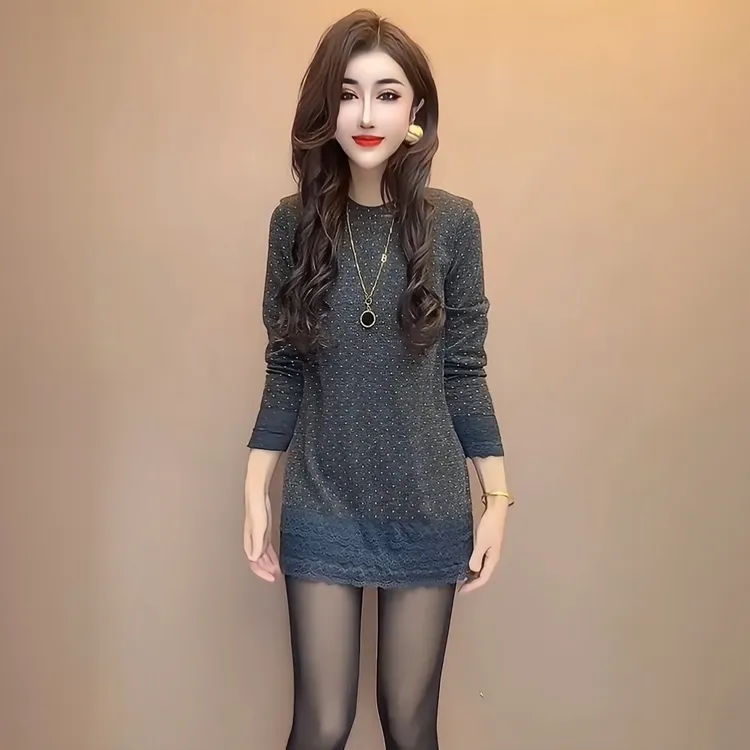 韩系蝴蝶结波点长袖圆领拼接蕾丝边长衫打底2025秋冬洋气减龄显瘦