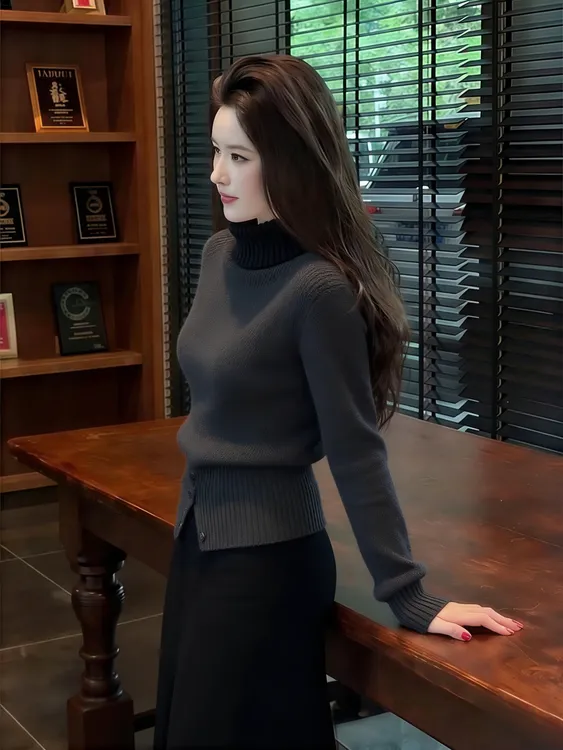 秋冬季时尚套头针织衫韩版极简风高领灰色毛衣小众炸街高级感女装
