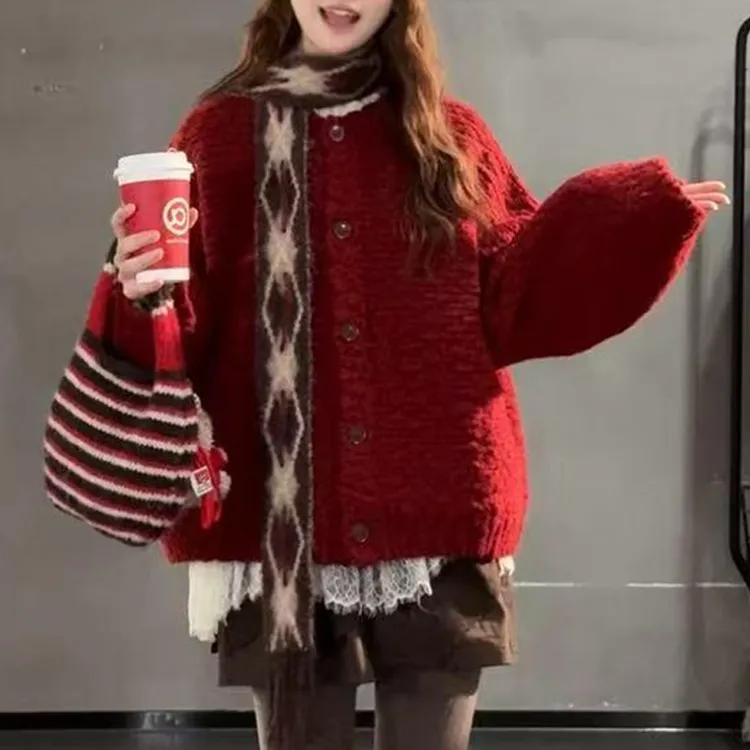 2025秋冬时尚套装女高领半拉链毛衣女秋冬慵懒风长袖针织衫