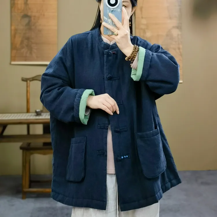 束心新中式冬装新款棉衣复古立领盘扣亚麻纯色宽松休闲棉服外套女
