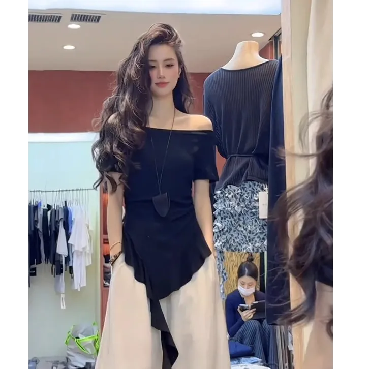 2025夏季新款法式设计感修身一字领短袖上衣气质高腰宽松阔腿长裤