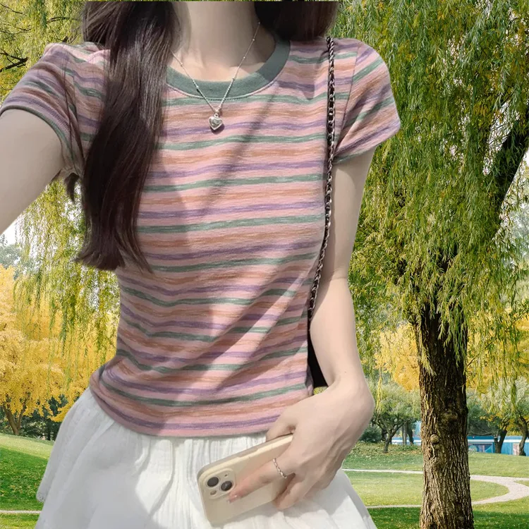 粉色条纹正肩短袖t恤女夏季2025新款欧货高级感修身短款体恤上衣
