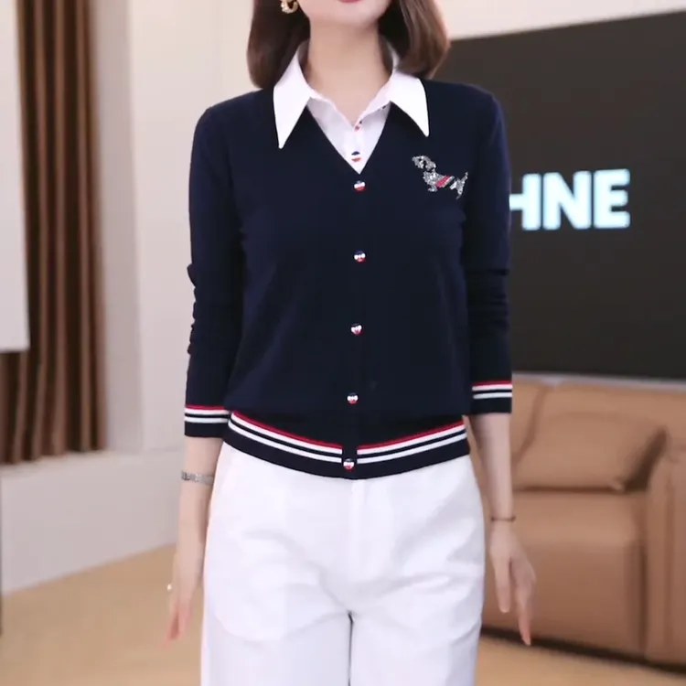 烫钻小狗高级感翻领假两件长袖针织衫女春秋新款别致拼接套头上衣