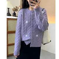 温柔风花朵刺绣钩花镂空花边圆领针织开衫宽松慵懒风秋洋气外套新