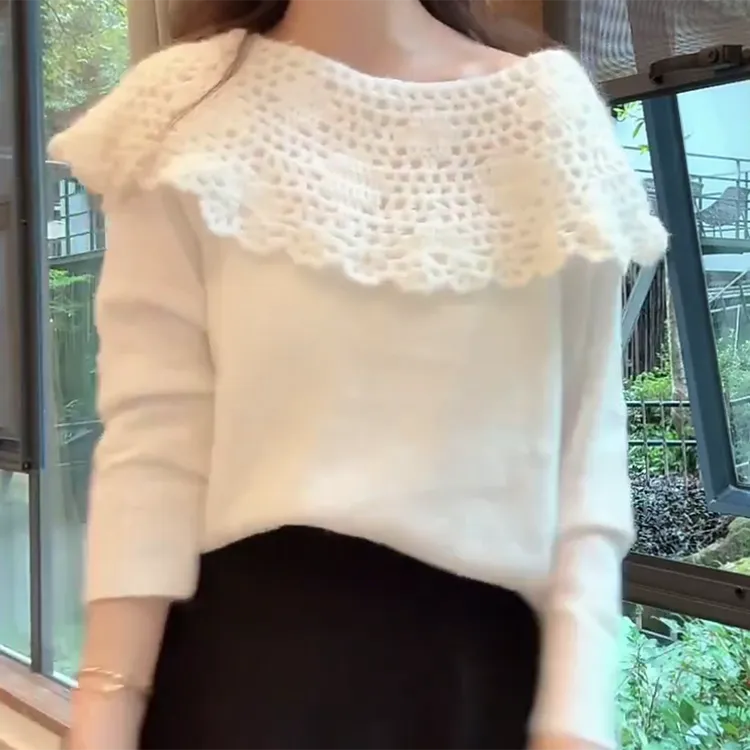秋季新款韩系镂空翻领设计软糯长袖套头针织上衣C6252