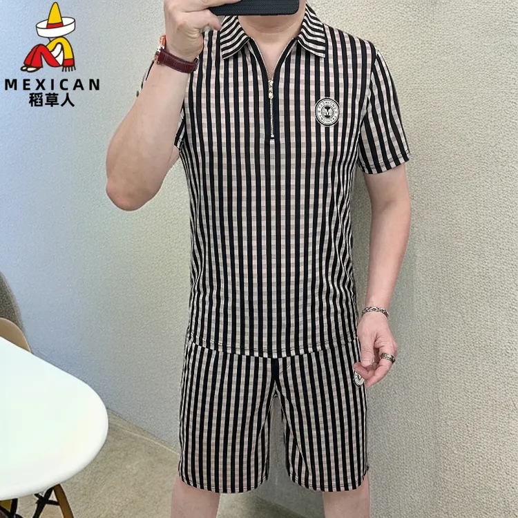 稻草人时尚休闲套装夏季潮流条纹翻领男士商务百搭帅高档潮牌男装