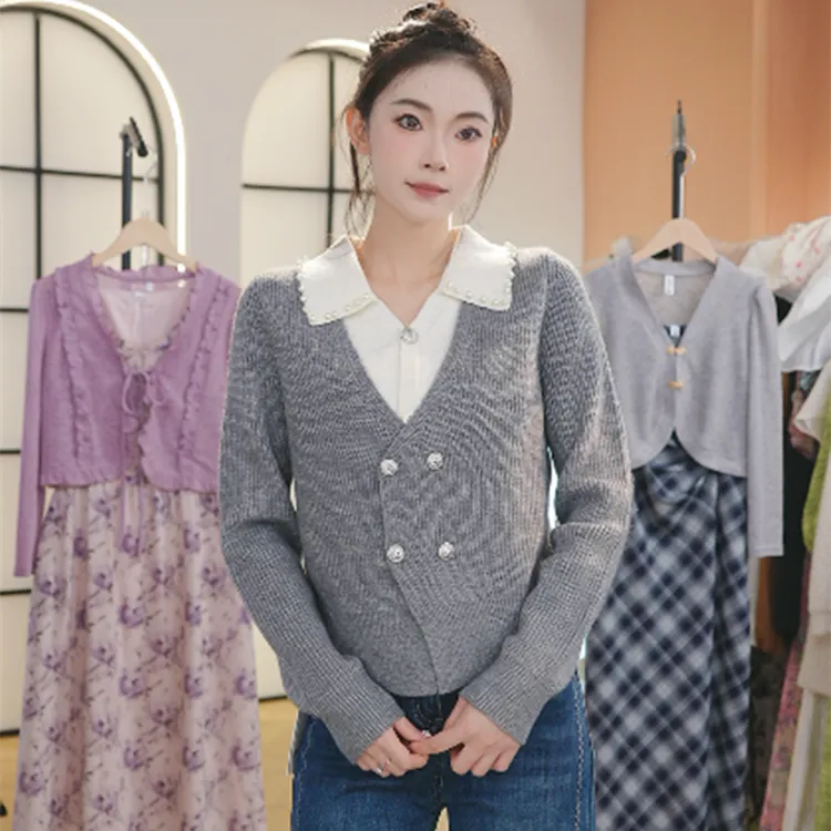灰色假两件毛衣女长袖2025秋冬新款气质设计感慵懒风针织衫上衣潮