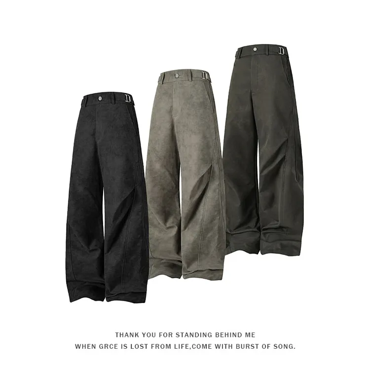 复古暗纹vintage裤子男秋直筒宽松vibe风褶皱扎染cleanfit休闲裤