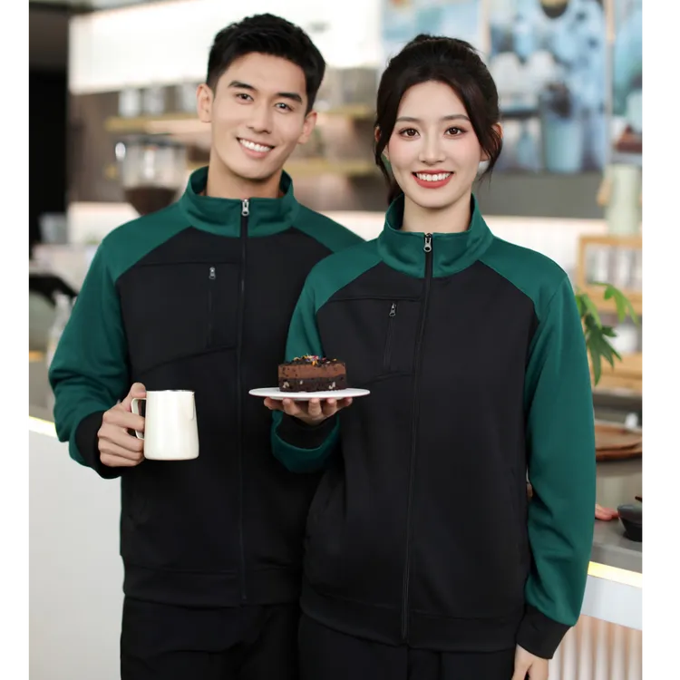 长袖餐饮工作服定制logo秋冬奶茶店火锅烧烤店服务员拼色工装外套