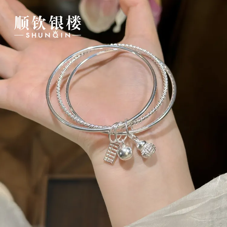 顺钦银楼 足银手镯 【缠福禄手镯】足银999.9三圈时尚百搭精致手镯