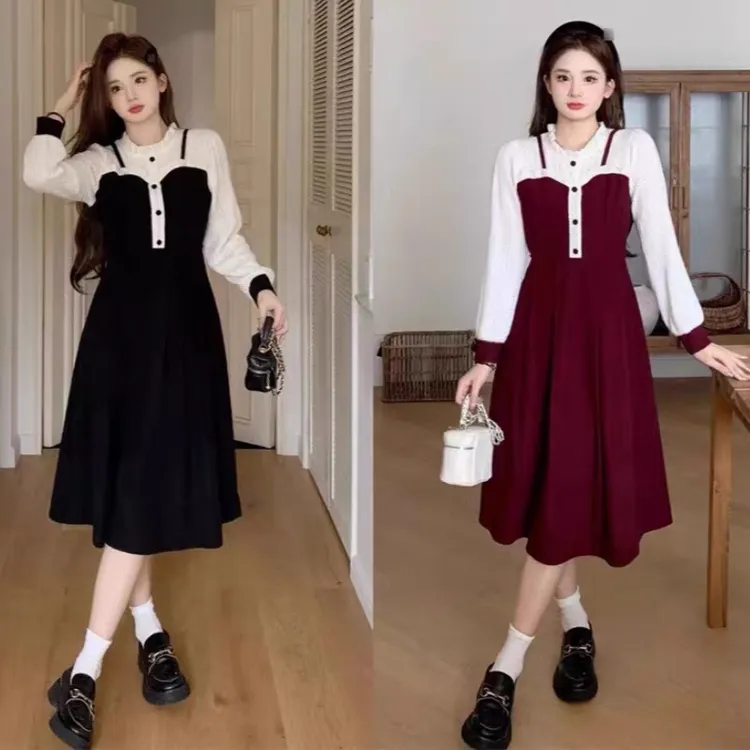 法式假两件拼接大码连衣裙高腰圆领秋冬季新款灯芯绒面料长袖显瘦