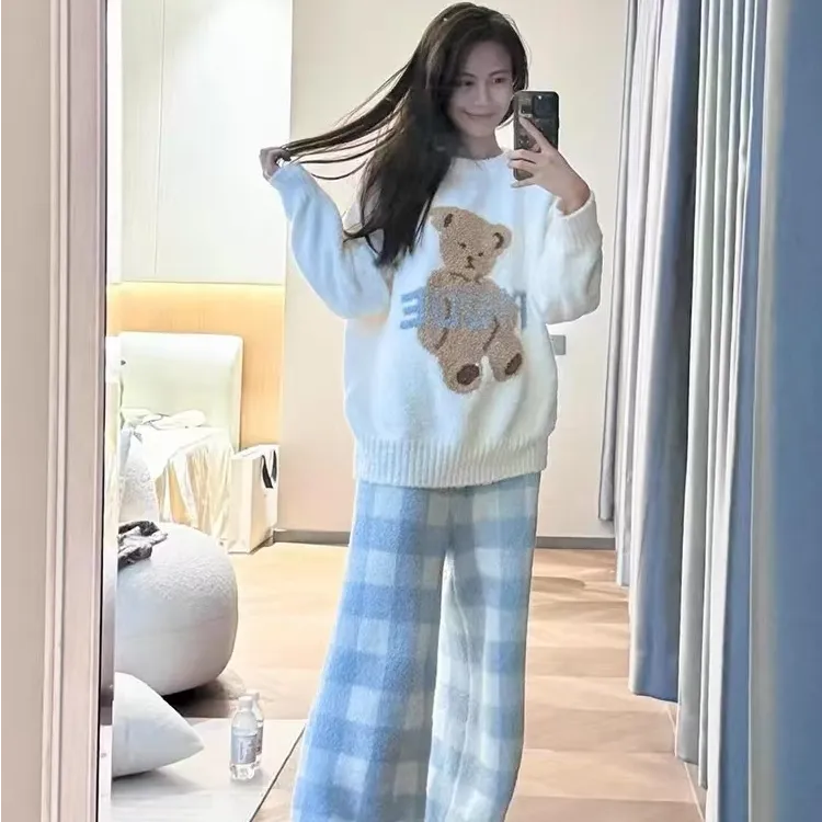 冬季韩版可爱小熊半边绒睡衣女新款卡通加绒加厚保暖家居服套装