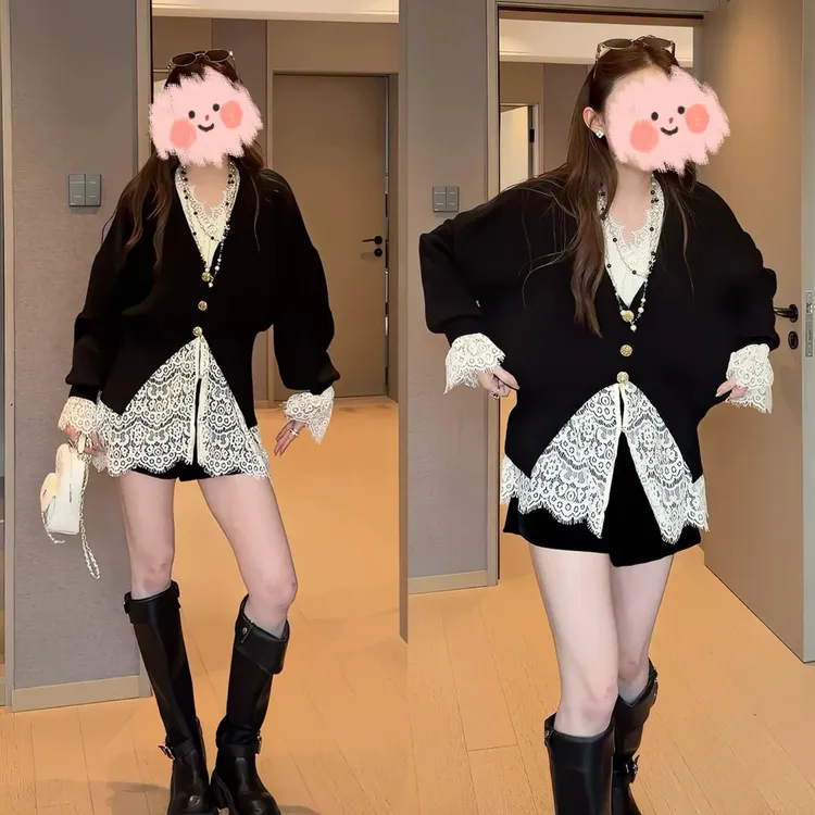  2025早秋新款法式气质V领软糯黑色针织开衫叠穿蕾丝衬衫三件套女