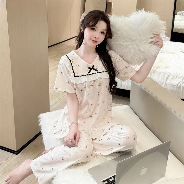 【退货补运费】夏季女士碎花国风V领短袖长裤睡衣家居服Z1469-522