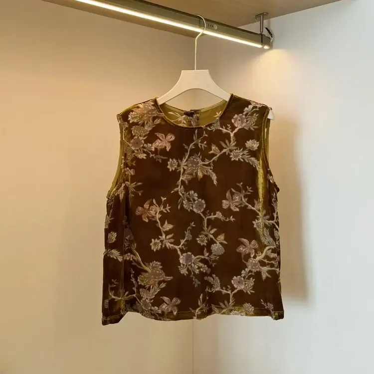 夏季复古提花丝绒气质薄款圆领无袖时尚上衣