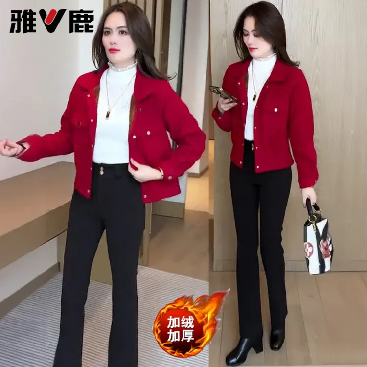 雅鹿加绒加厚短款外套2025秋冬新款时尚显瘦洋气衬衫上衣