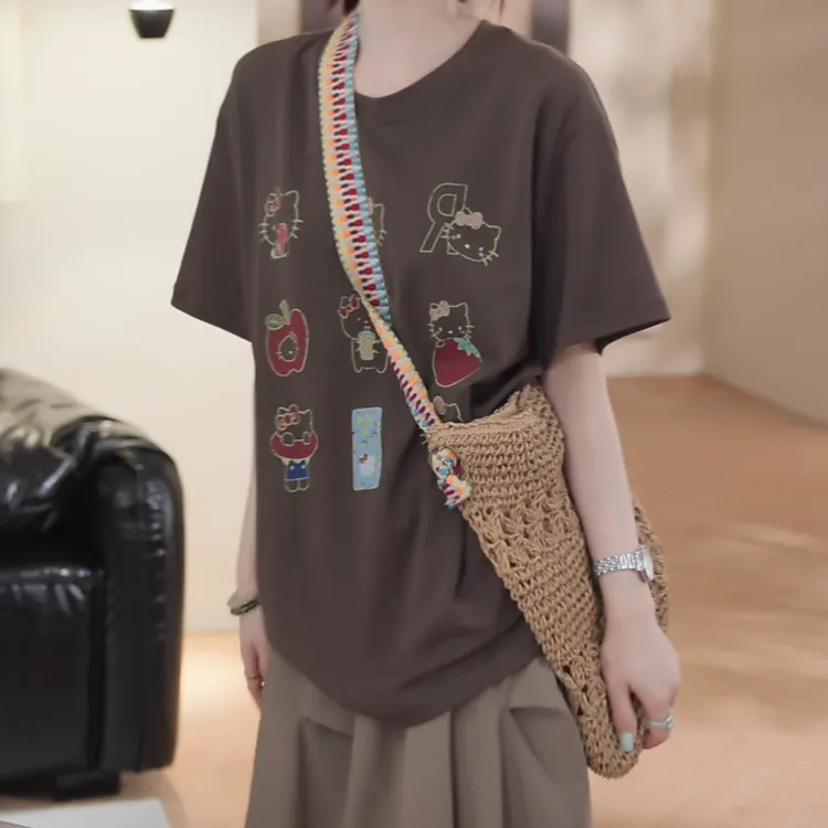 可爱猫咪印花短袖T恤夏季2025新款设计感减龄休闲卡通时尚上衣