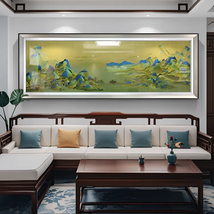 千里江山图织锦绣客厅装饰刺绣画沙发背景墙山水风景壁画
