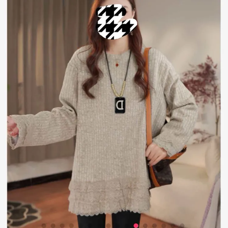 冬季新款大码针织衫加绒女蕾丝拼接打底衫8066