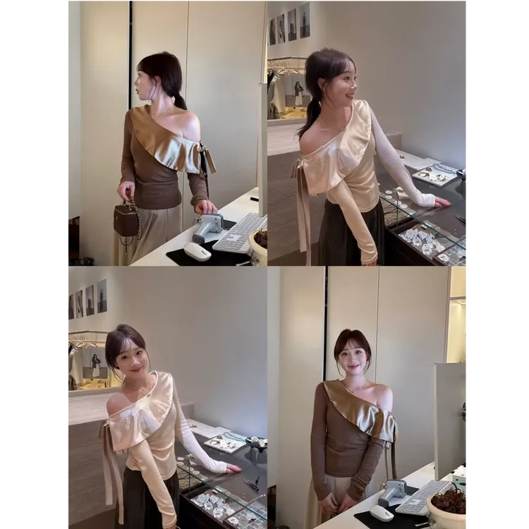 YPP!【蜜桃少女】秋季miu系显瘦别致斜肩缎面拼接小衫