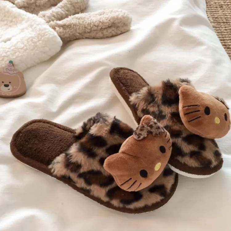 豹纹居家棉拖鞋女居家棉拖防滑可爱猫咪毛毛拖鞋小众辣妹风外穿