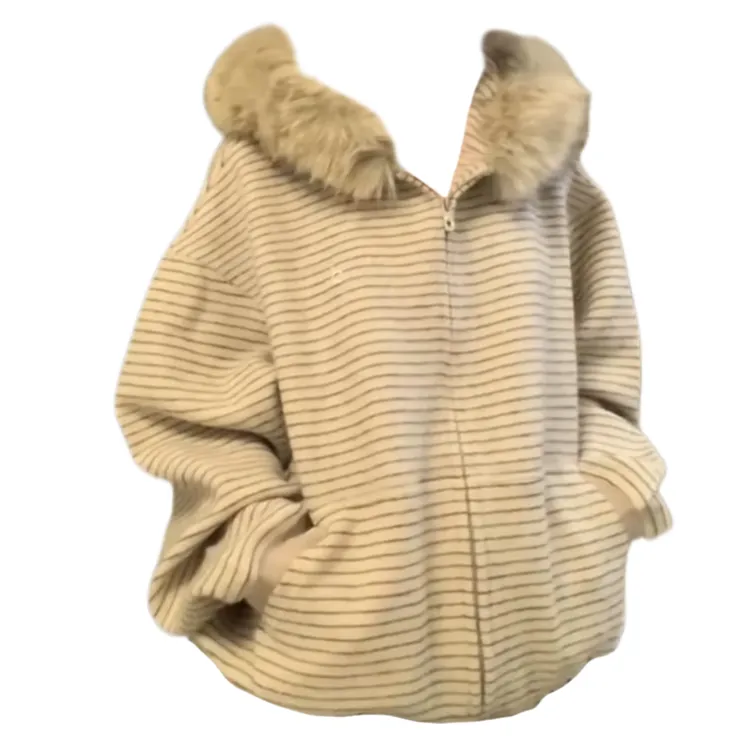 大码胖妹妹美式复古条纹毛领连帽卫衣外套女秋季慵懒宽松保暖上衣