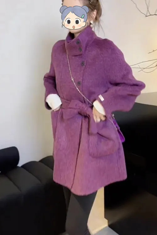 2025秋冬季新款时尚显瘦气质网红款紫色减龄显白毛呢外套洋气百搭