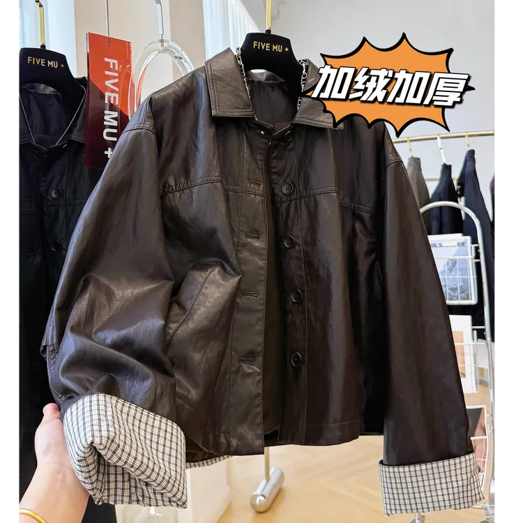 2025冬季加绒加厚韩系休闲翻领皮衣女超好看高端皮夹克短款派克服