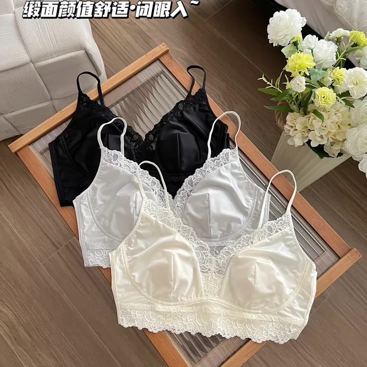 【超薄珠光缎蕾丝美背】法式缎面百搭舒适兔耳朵文胸内衣-12343