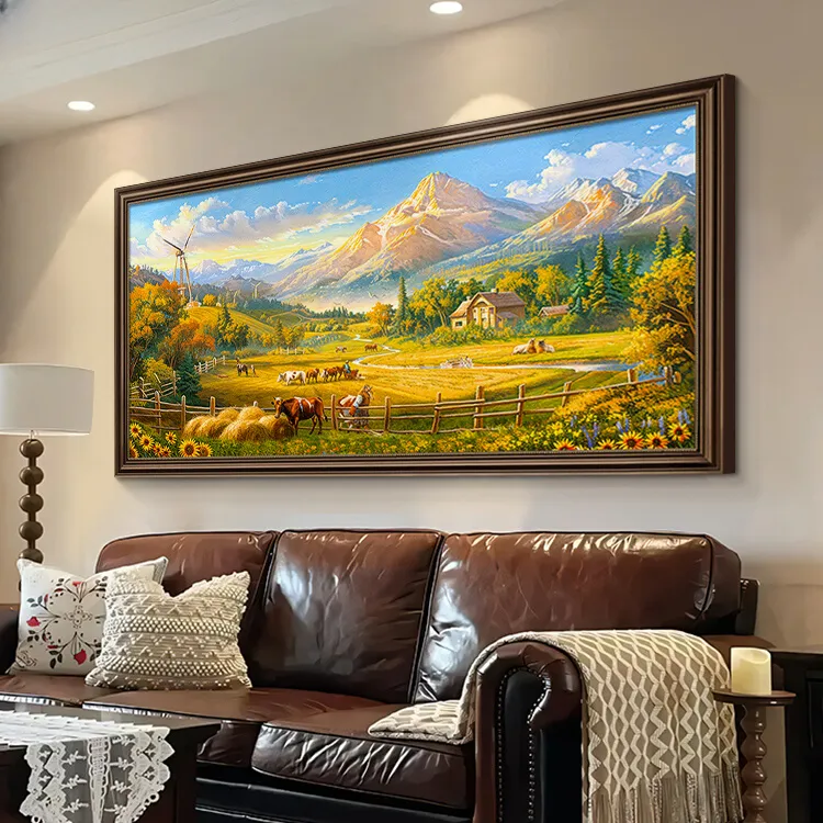 原创美式客厅手绘油画山水画风景挂画沙发背景墙装饰画高级感壁画