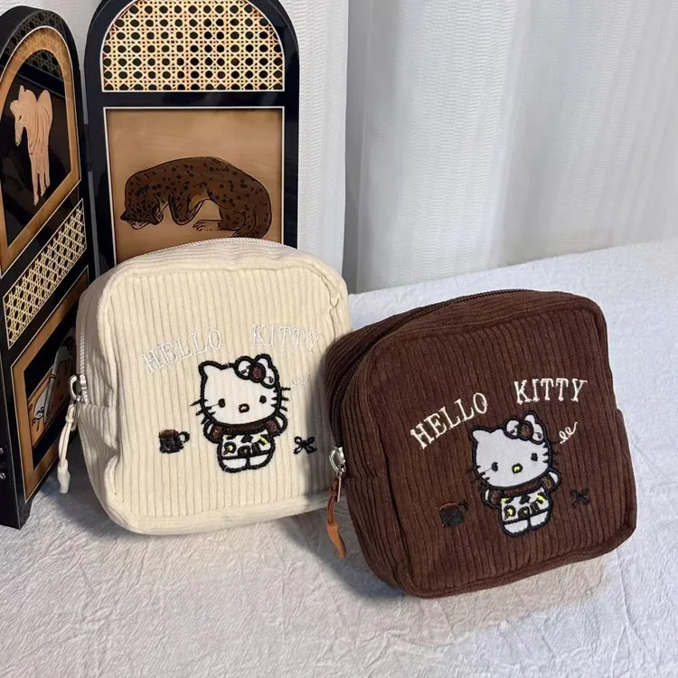 灯芯绒刺绣化妆包便携式秋冬高颜值手拿洗漱包卡通印花口红收纳包