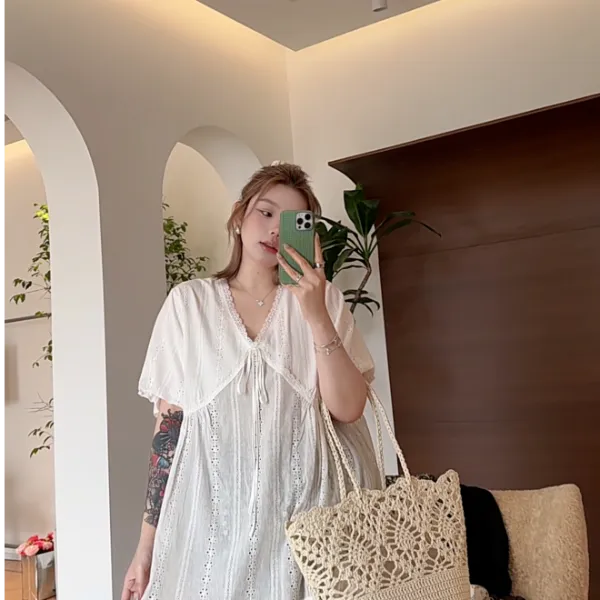 【瘦瘦】月光漫游-大码夏季V领全棉蕾丝镂空法式花苞袖衬衫S01623