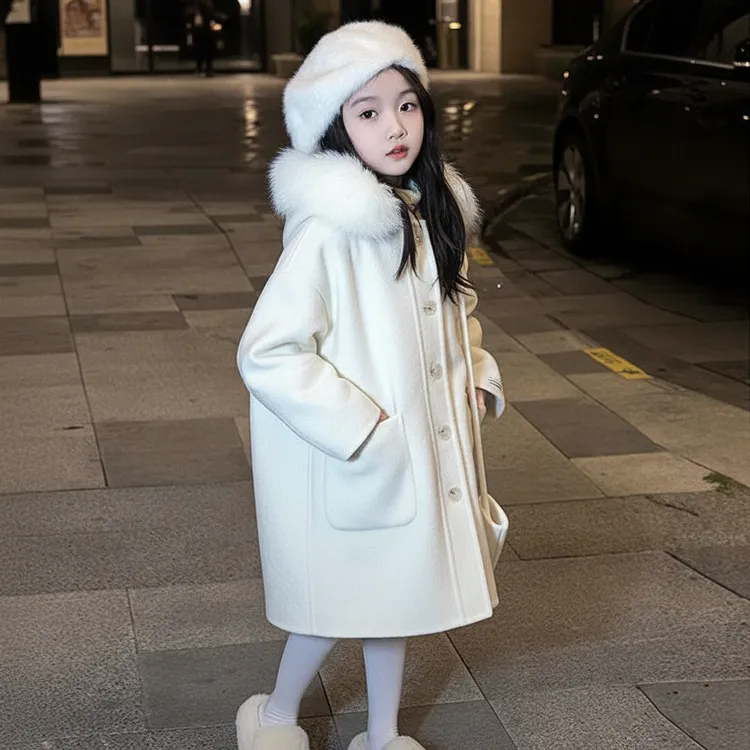 女童呢大衣外套中长款大毛领上衣2025新款儿童冬季毛呢网红衣服潮