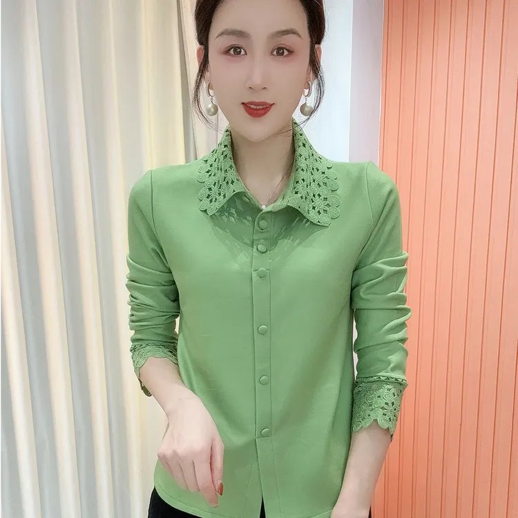 2025冬季新款衬衫领蕾丝气质百搭长袖减龄加绒打底衫上衣女821