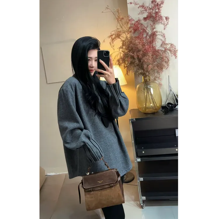 宽松慵懒风灰色中长款磨毛卫衣女秋冬加厚设计感开叉针织衫内搭