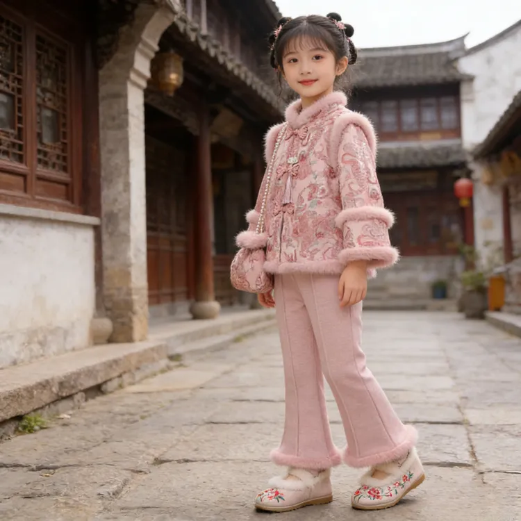 女童粉色2026新款拜年服加绒国风刺绣外套加绒加厚冬季女童过年服