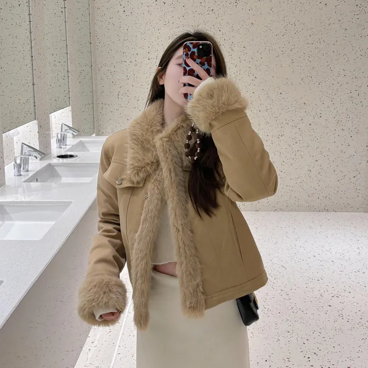 韩版百搭小个子美拉德复古毛毛外套女2025秋冬新款短款牛仔棉服