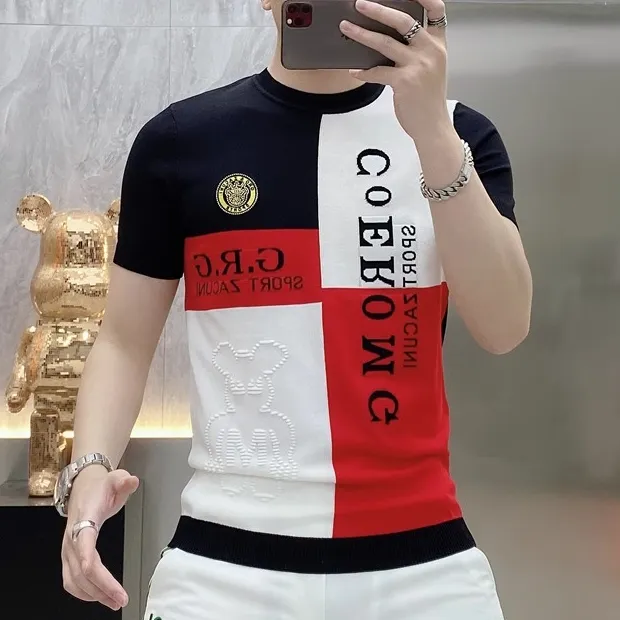 2025欧货轻奢男士针织冰丝短袖T恤烫钻印花时尚百搭夏季半袖25182