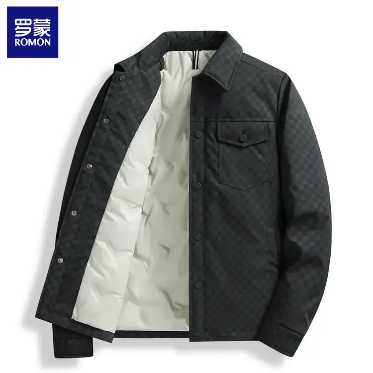 罗蒙秋冬季新款轻薄羽绒服修身棋盘格夹克外套翻领休闲商务男外套