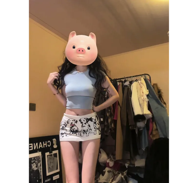美式辣妹低腰小狗印花紧身弹力包臀裙搭配蓝色上衣女夏季显瘦套装