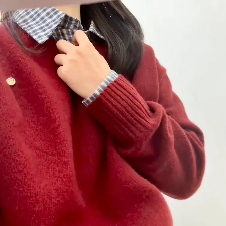 韩系高级感红色毛衣女秋冬季可外穿内搭慵懒圆领套头针织毛线上衣