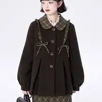 棱格拼接娃娃领毛呢大衣女秋季夹棉短款复古系带外套