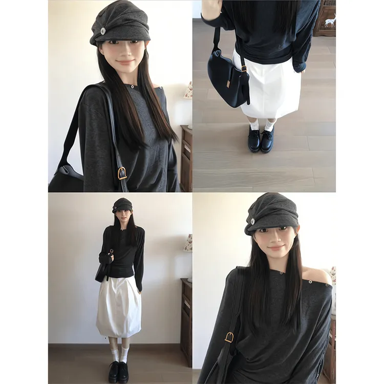 parkyeon早秋季温柔气质露肩长袖T恤收腰显瘦上衣高腰半身裙套装