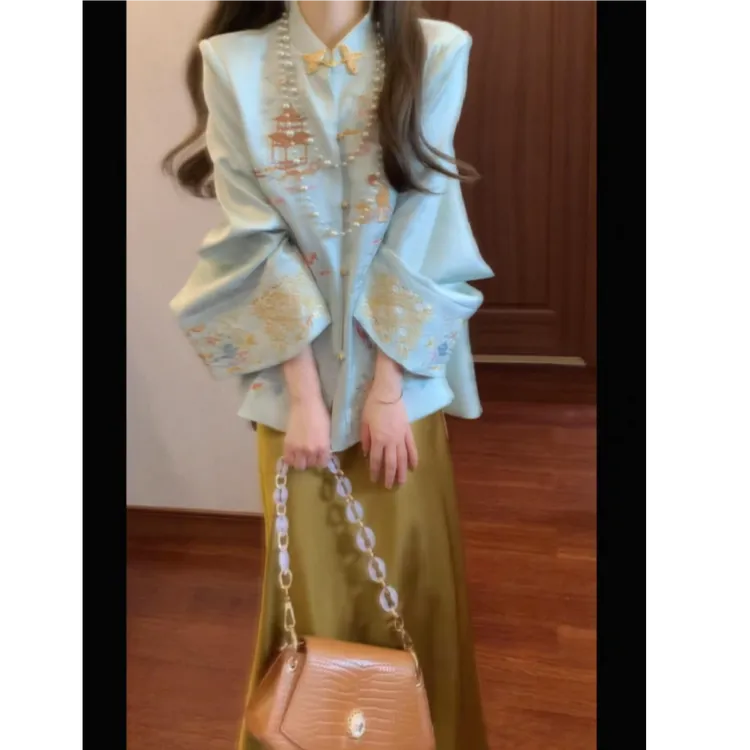 【映春晓】2025早秋新款新中式贵气重工刺绣上衣配高腰显瘦半身裙女