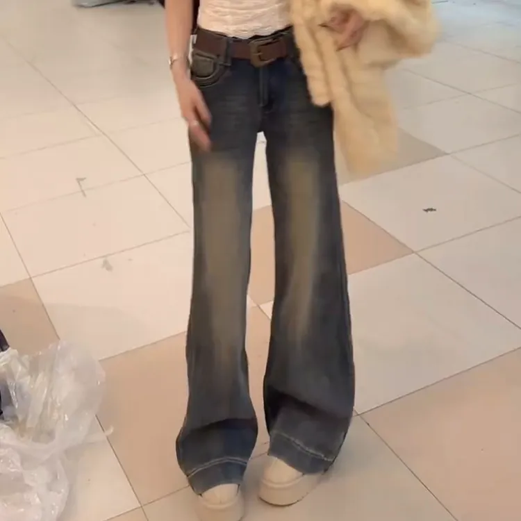 时尚百搭加厚加绒做旧高腰长裤怀旧复古色牛仔裤LK2508160