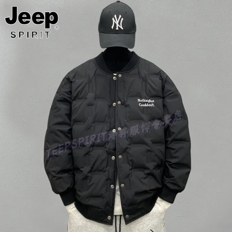 Jeep吉普棒球领菱格羽绒衣服男冬季装加大码青少年高级感潮牌外套