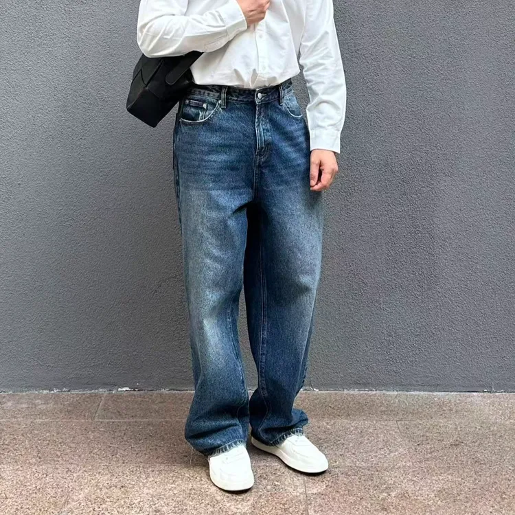 秋冬重磅宽松直筒阔腿牛仔裤厚质简约韩版蓝色水洗牛仔裤