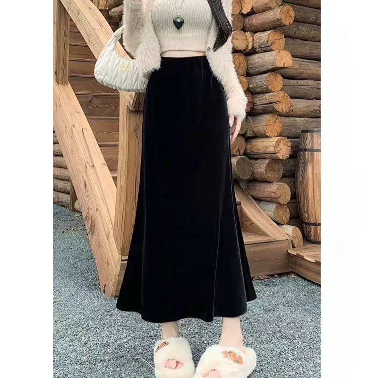 【现货】【两个裙长】秋冬丝绒半身裙女新款女装高腰显瘦a字鱼尾裙