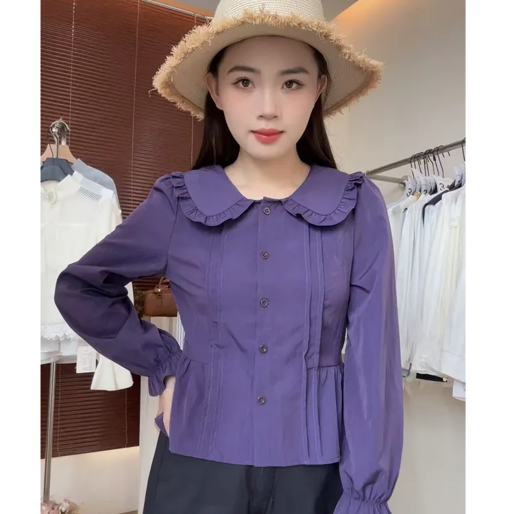 2025秋季新款娃娃领喇叭袖衬衣女宽松甜美减龄气质长袖衬衫