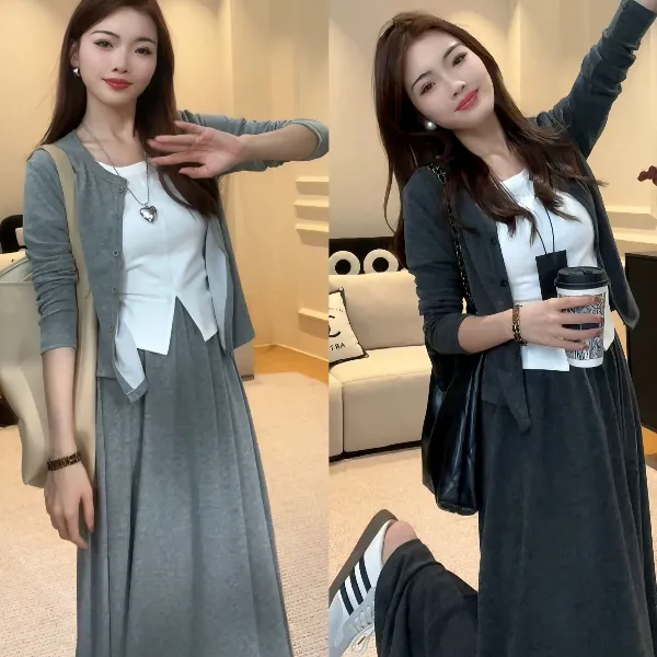 秋季穿搭套装2025女装开衫卫衣短袖半身裙慵懒洋气时尚休闲三件套